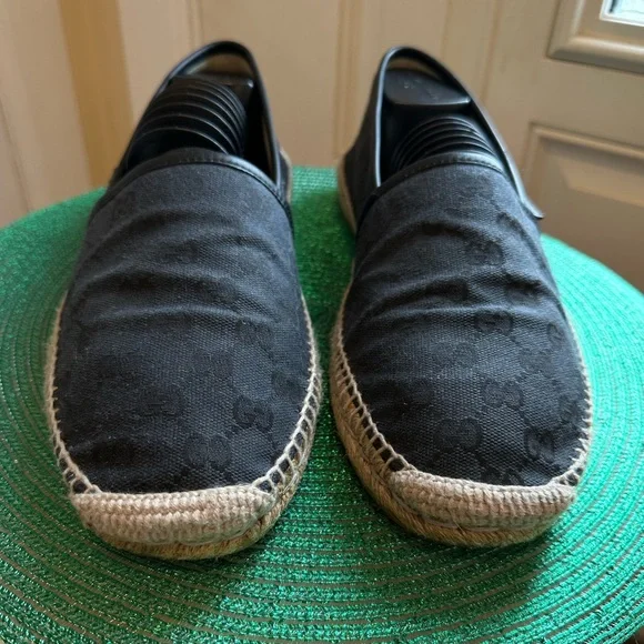 Gucci Men’s GG Canvas Leather Espadrilles Navy Made in Spain Excellent Condition